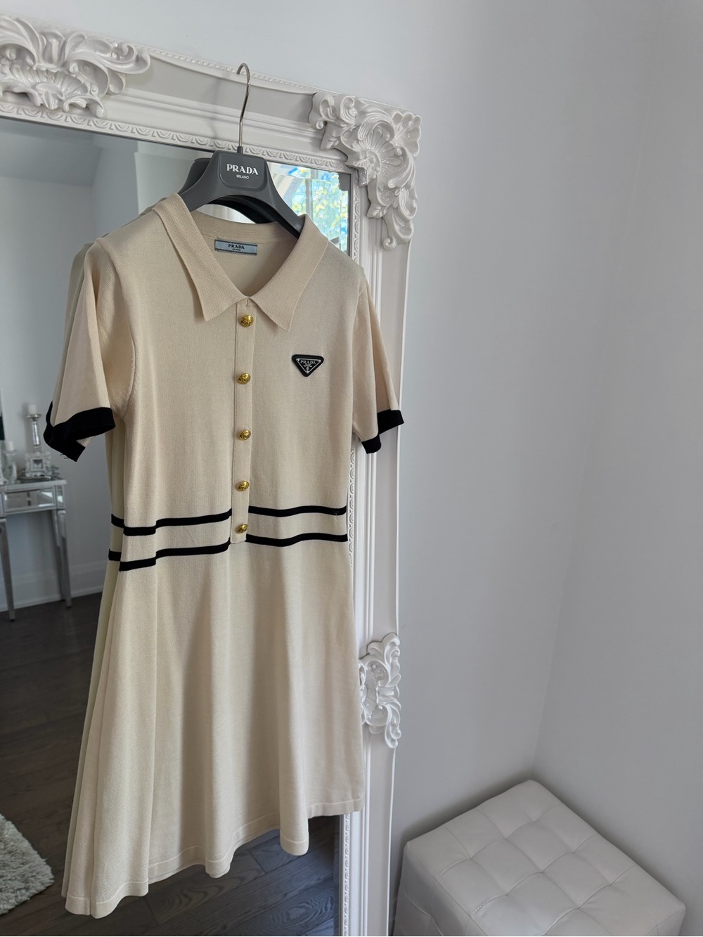 Prada Cream Polo-Knit Midi Dress with Black Trim